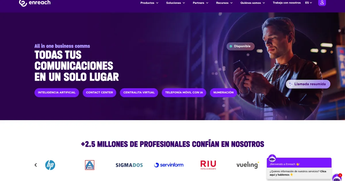 Website screenshot showing the home page of Enreach Spain.